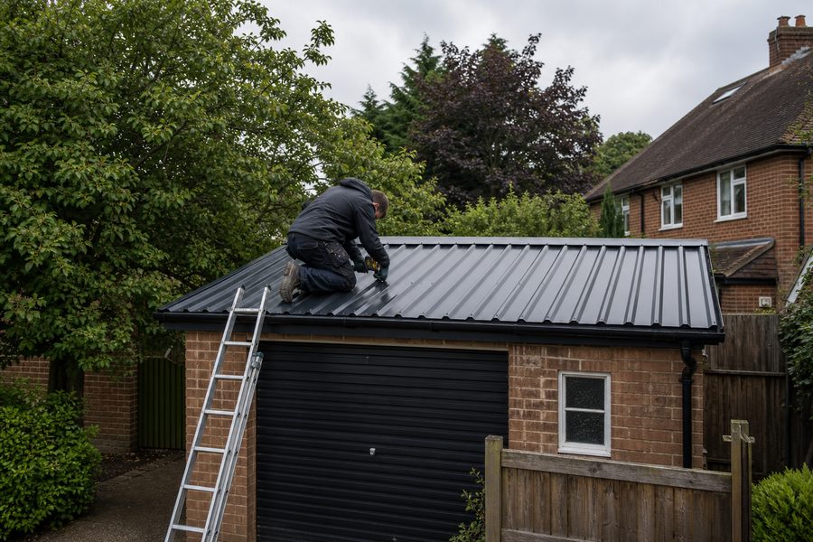 Repairing sheet metal roofing on a garage in Chingford